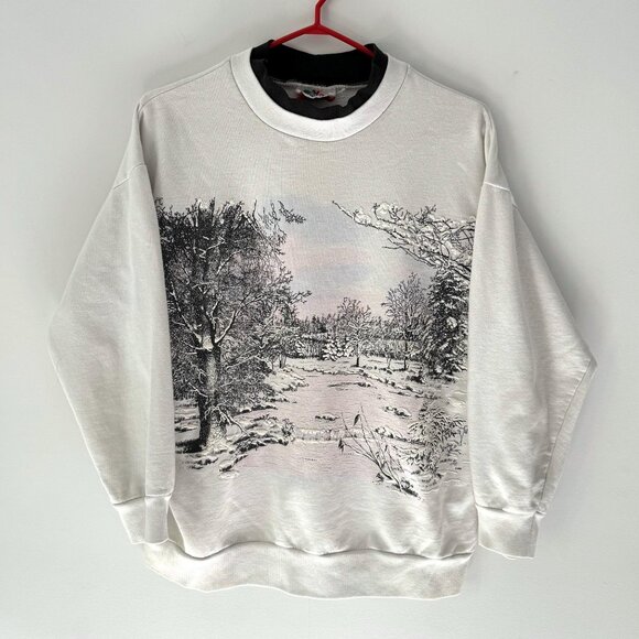 90s vintage white snowy winter holiday graphic collared cotton pullover sweater - Picture 1 of 10